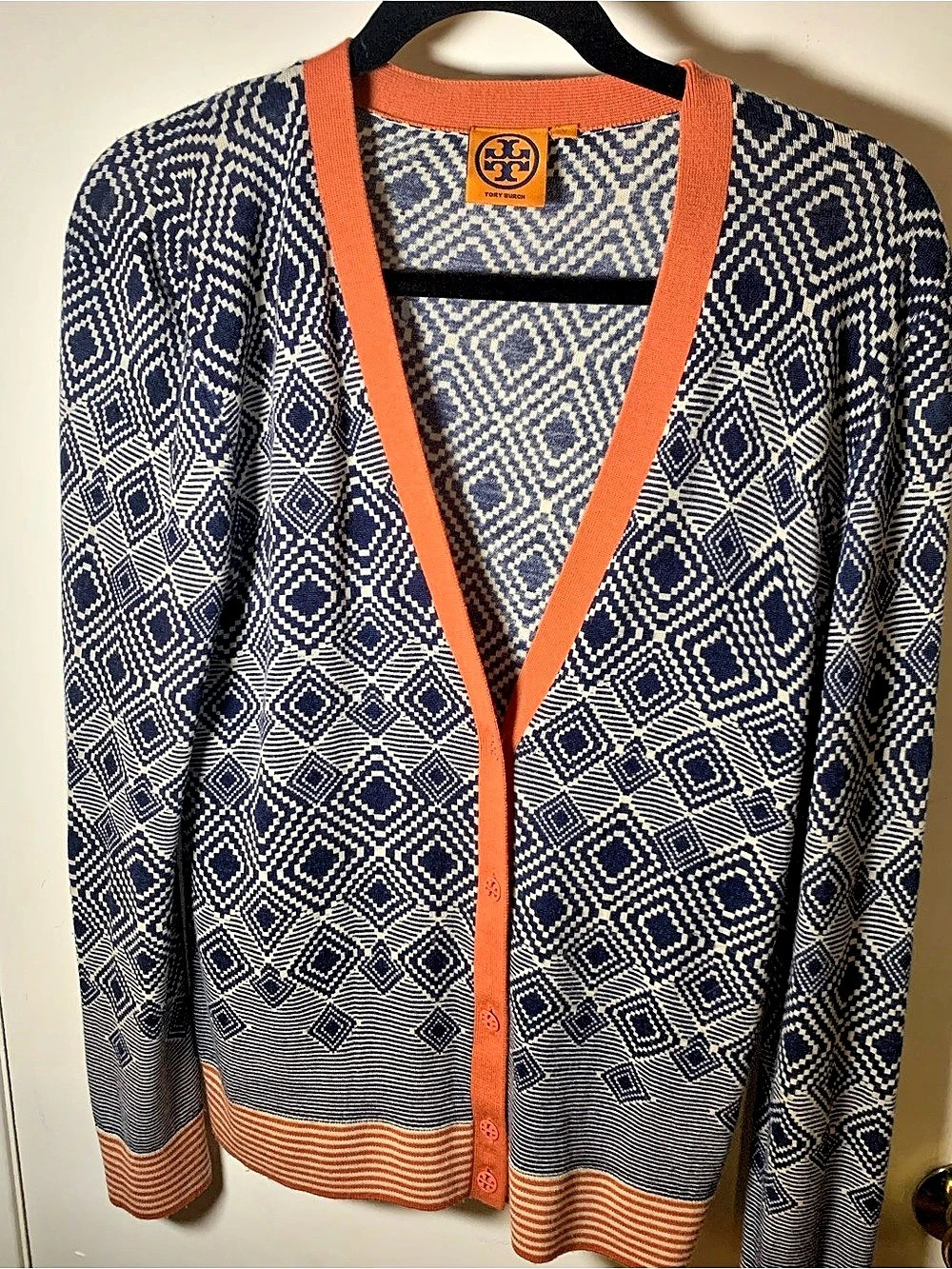 Tory Burch Geometric Cardigan in Blue & Orange Like New